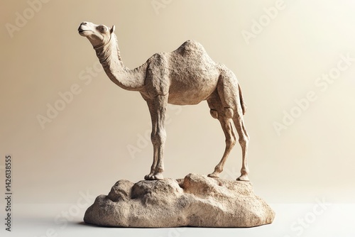 Desert camel sculpture atop a rocky outcrop.