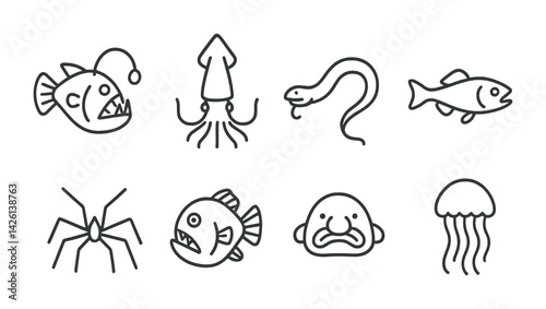 Underwater creatures icon set: linear style with anglerfish, squid, eel, fish, spider, pufferfish, octopus head, jellyfish