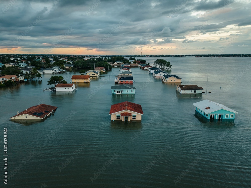 Fototapeta premium Flooded homes in a coastal area after heavy rains impact local community and inhabitants in the region