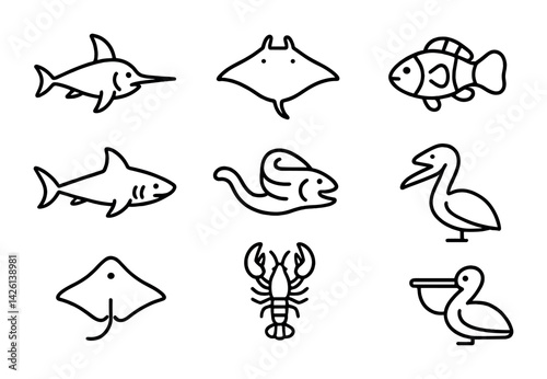 Aquatic animal icons set: flat outline style featuring marine creatures and birds