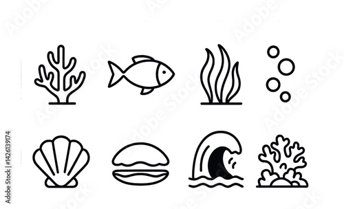 Underwater elements: marine life icon set in linear style