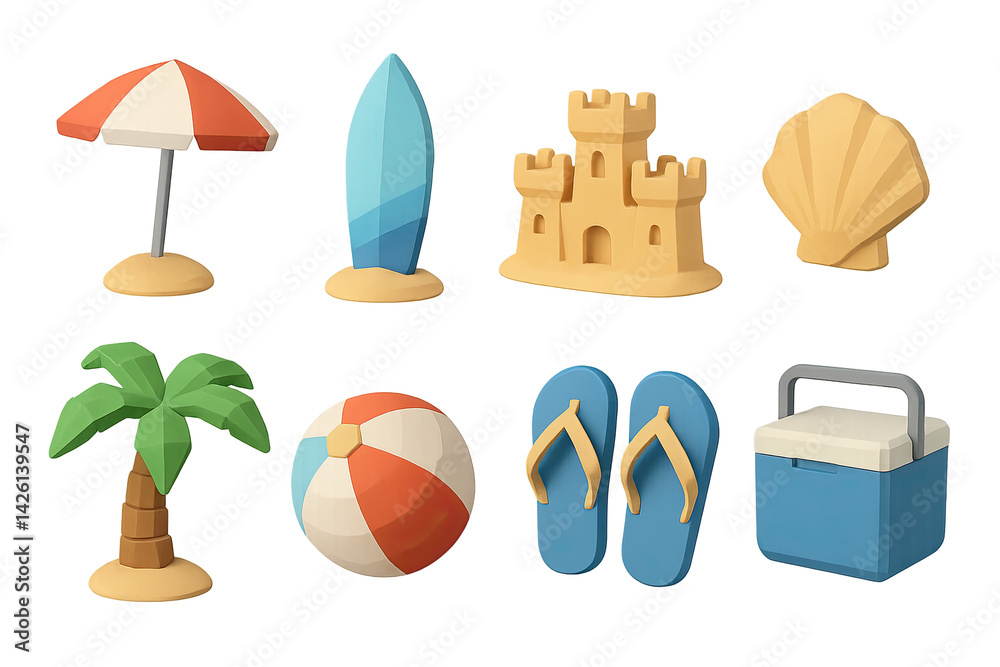 Beach and summer icon set – 3d style vacation and leisure symbols: umbrella, surfboard, sandcastle, seashell, palm tree, beach ball, flip flops, cooler
