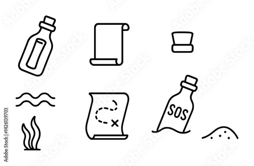 Nautical icon set: message in a bottle, scroll, hat, waves, map, seaweed, sand in linear style