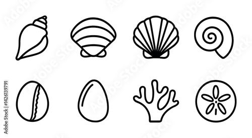 Minimalist shell and marine life icon set for ocean-themed designs