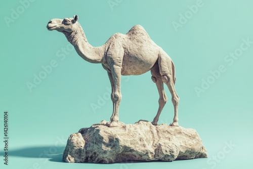 Desert camel statue atop a rock formation.