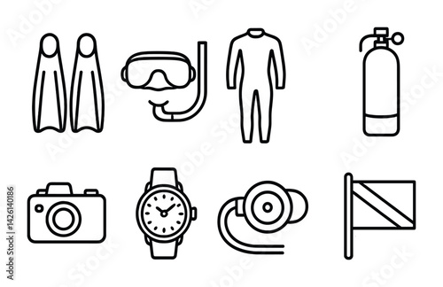Scuba diving icons set: linear style essentials for underwater adventures