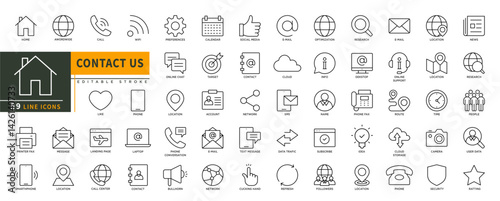 Minimalist Contact Us line icons set with editable stroke, featuring home, call, like, printer fax, message, landing page, location, smartphone, cloud, contact, name, data. thin linear illustration.