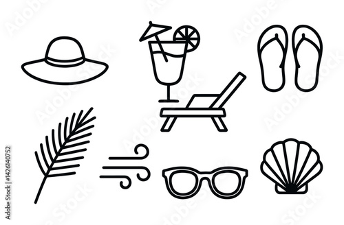 Stylish summer icon set: sunglasses, beach hat, palm leaf, and more in linear style