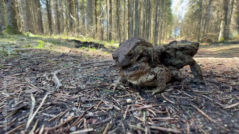 Male Common Toad (Bufo bufo) on a female in amplexus pushes away another competing male with his foot. Estonia. Male Common Toad (Bufo bufo) on a female in amplexus pushes away another competing male with his foot. Estonia.