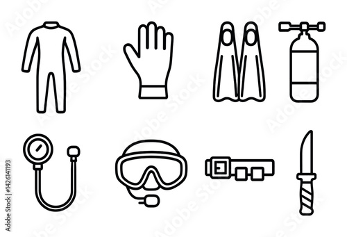Diving equipment icons set: wetsuit, fins, oxygen tank, and more in linear style