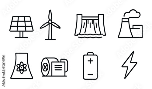 Renewable energy icons set: solar, wind, nuclear, and more in modern linear style