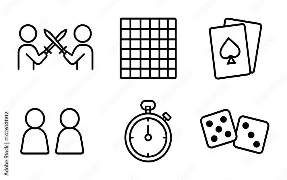 Fototapeta premium Minimalist gaming icons set: linear style with dice, cards, stopwatch, and more