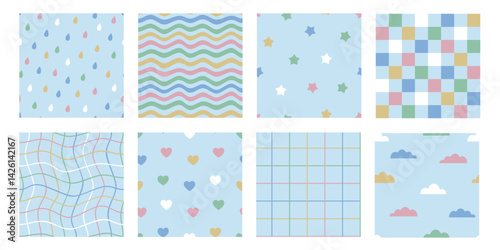 Seamless patterns set with stripes, cells, hearts, stars, drops, waves, clouds. Cute  backgrounds for kids or fabric. Funky hippie fashion textile print, retro background. Vector illustration