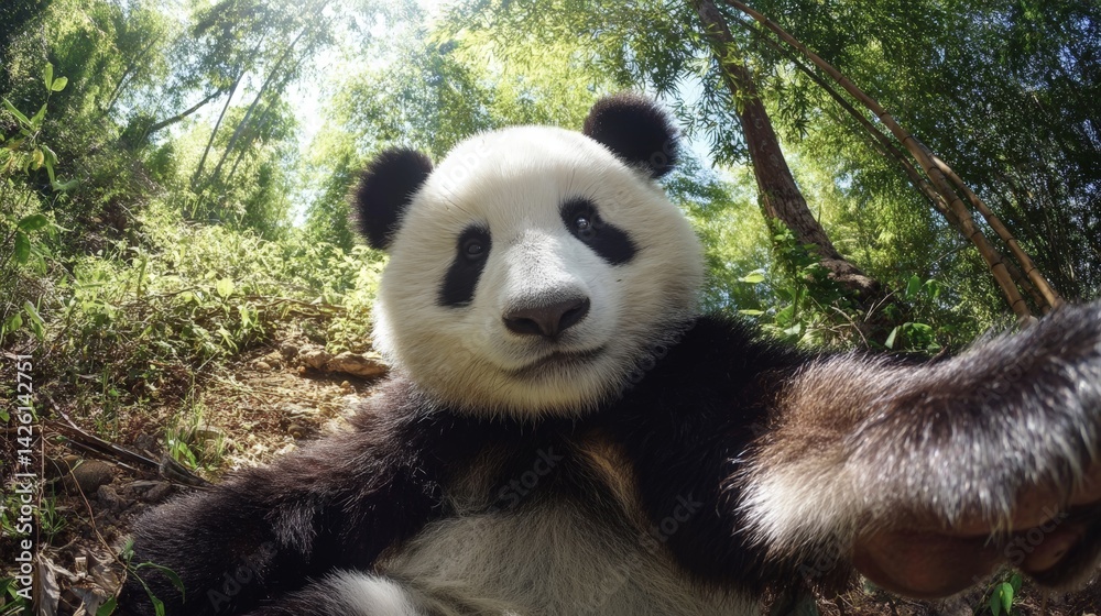 Obraz premium Giant panda in lush bamboo forest taking a selfie