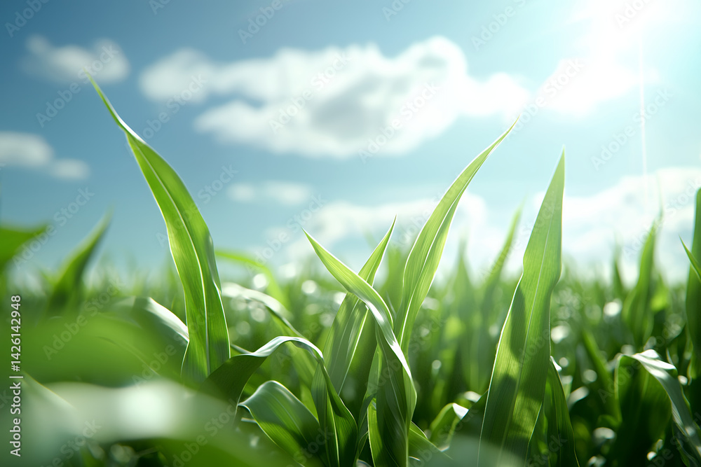 Fototapeta premium Lush green corn plants sway gently under bright blue sky with fluffy clouds, creating serene and vibrant agricultural scene