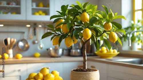 Potted lemon tree with ripe fruit on a table.