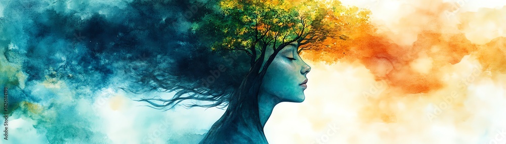 Watercolor illustration of a woman with a tree growing from her head, symbolizing mental health, personal growth, and the beauty of nature s connection to creativity