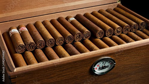 A beautifully arranged humidor filled with premium cigars.