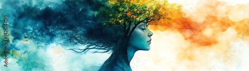 Obraz na płótnie Watercolor illustration of a woman with a tree growing from her head, symbolizing mental health, personal growth, and the beauty of nature s connection to creativity w salonie