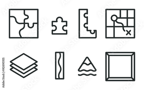 Puzzle and map icons set - linear outline style collection for navigation and strategy