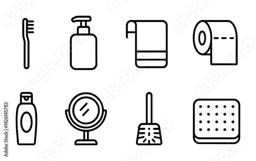 Bathroom essentials icons set: linear style toiletries collection