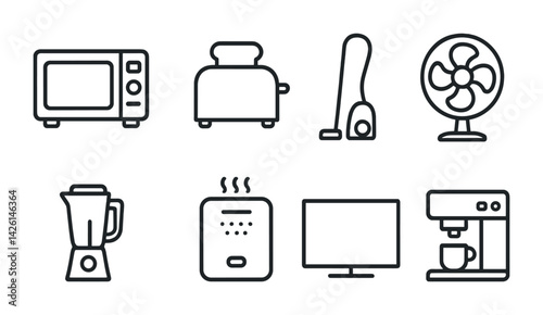 Essential home appliances linear icon set: simple outlined kitchen and household items