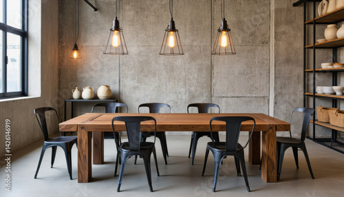 Modern interior design architecture photography  A modern industrial-style dining room features a large wooden table surrounded by black metal chairs under exposed pendant lights with wire cages  se