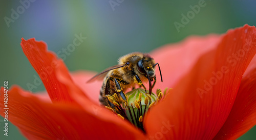 Honeybee collecting pollen on vibrant red poppy flower macro close up pollination nature wildlife spring summer