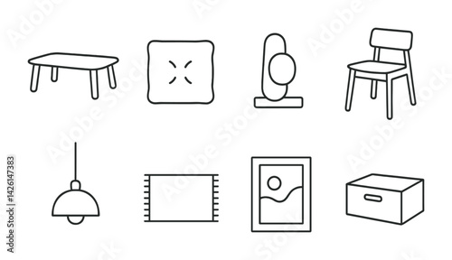 Minimalist home decor icons set: flat linear style for interior design essentials