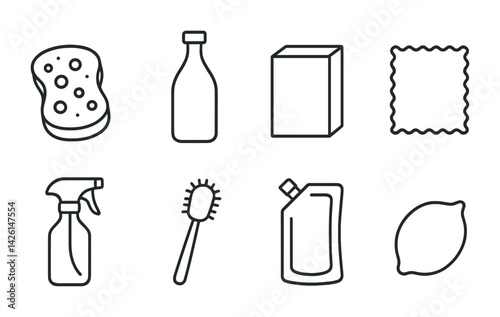 Cleaning icons set: linear style featuring sponge, bottle, box, cloth, spray, brush, detergent, lemon