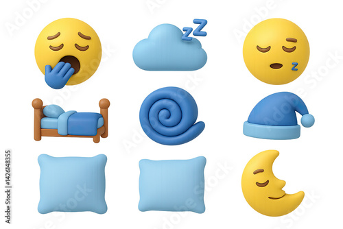 Sleep emoji icon set – 3d style bedtime and relaxation symbols for sleep tracking and night routine: yawning face, cloud, bed, snail, sleeping cap, pillow, moon