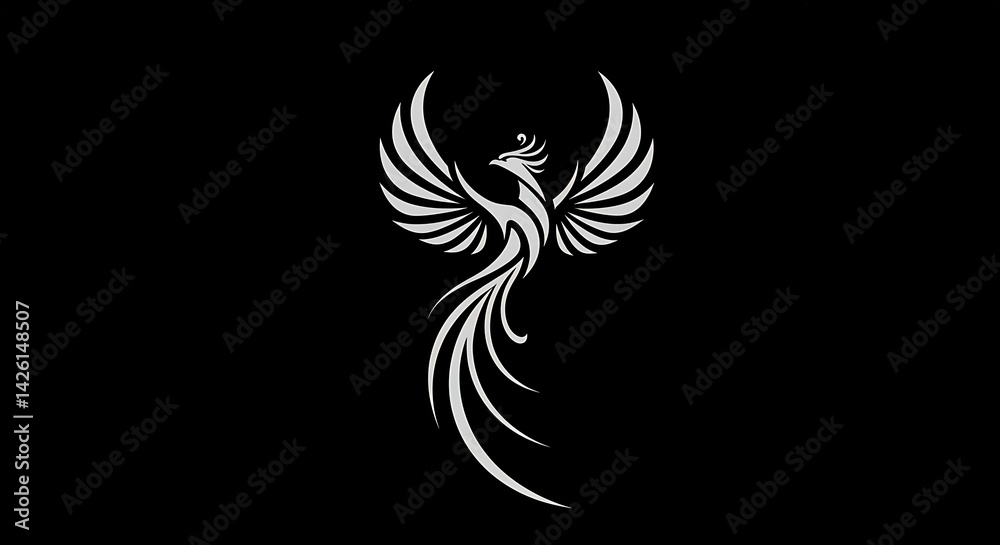 Stylized phoenix rising as a single flowing line, abstract flame tail, open negative space for simplicity Stylized phoenix rising as a single flowing line, abstract flame tail, open negative space for simplicity