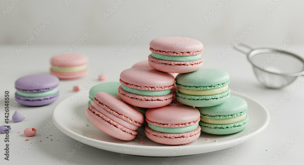 Fototapeta premium Delicious pastel colored macarons stacked on a white plate perfect for pastry shops cafes and food bloggers