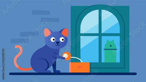 A cat playing with a toy mouse underneath a window with an alert sticker highlighting how the system gives peace of mind for both pets and owners.. Vector illustration