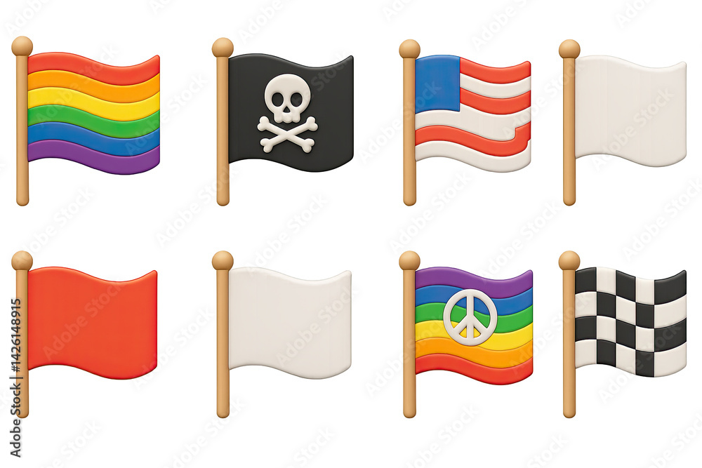 Flags icon set – 3d style world and symbol emblems for cultural representation, diversity, nautical navigation: rainbow flag, pirate flag, american flag, peace flag, checkered flag