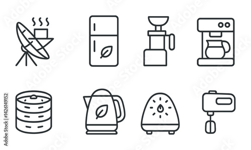 Minimalist appliance icons set: linear kitchen devices and gadgets