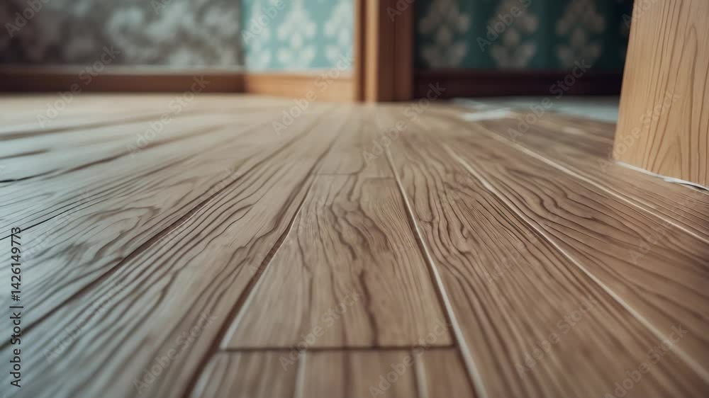 Close-up low angle view of sheet flooring with embossed patterns during installation, in selective focus.