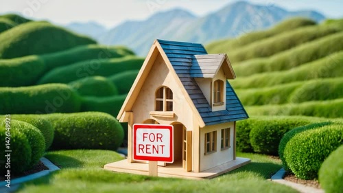 Miniature sign. Home for sale. A small setup showcasing a toy wooden house on green grass. Conceptual film.