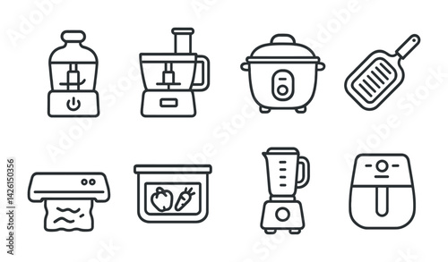 Kitchen appliance icons set: linear style—blender, multicooker, food processor, grater, air fryer