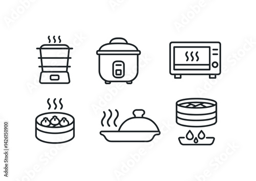 Cooking appliances icon set: steamer, rice cooker, microwave, dumplings, serving dish, steamed buns