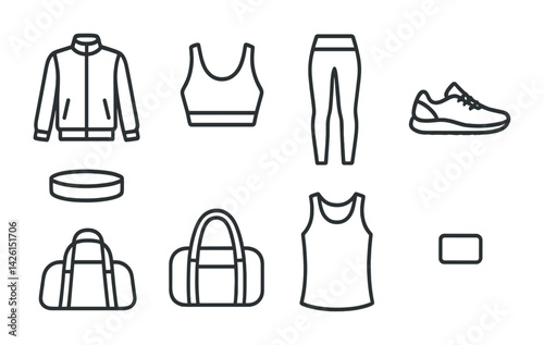 Linear fitness icons set: jacket, sports bra, leggings, sneakers, duffle bags