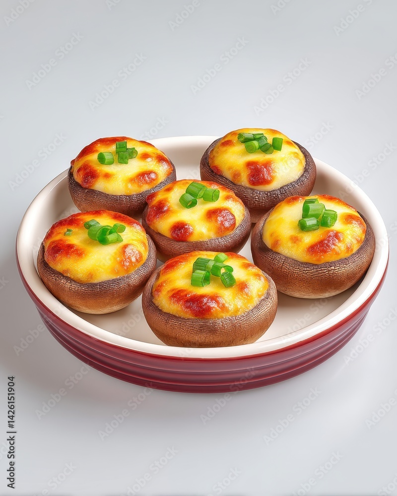 Plate of mini pizzas with cheesy stuffed mushrooms isolated on a bright white background ideal for party snacks Plate of mini pizzas with cheesy stuffed mushrooms isolated on a bright white background ideal for party snacks