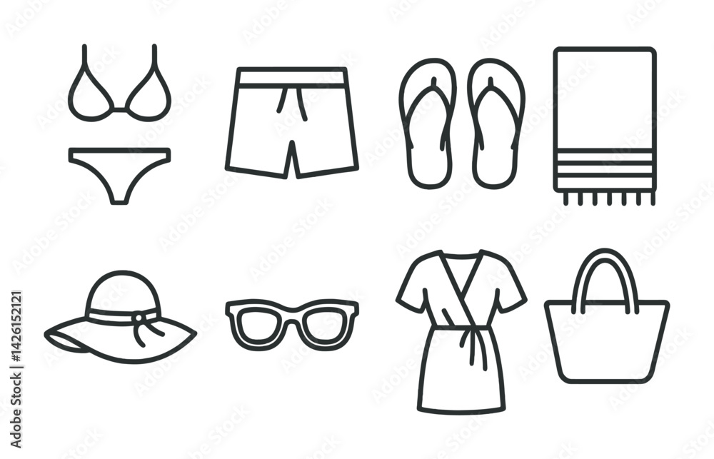 Summer beach essentials icon set: swimwear, accessories, and more in linear style