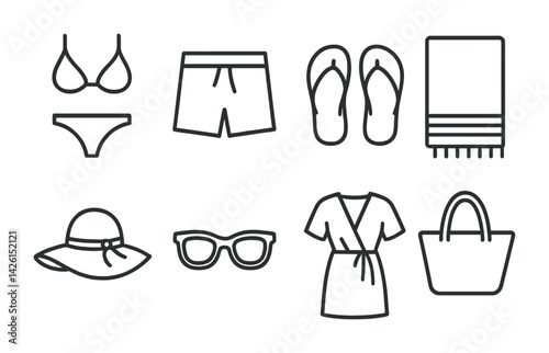 Obraz na płótnie Summer beach essentials icon set: swimwear, accessories, and more in linear style w salonie