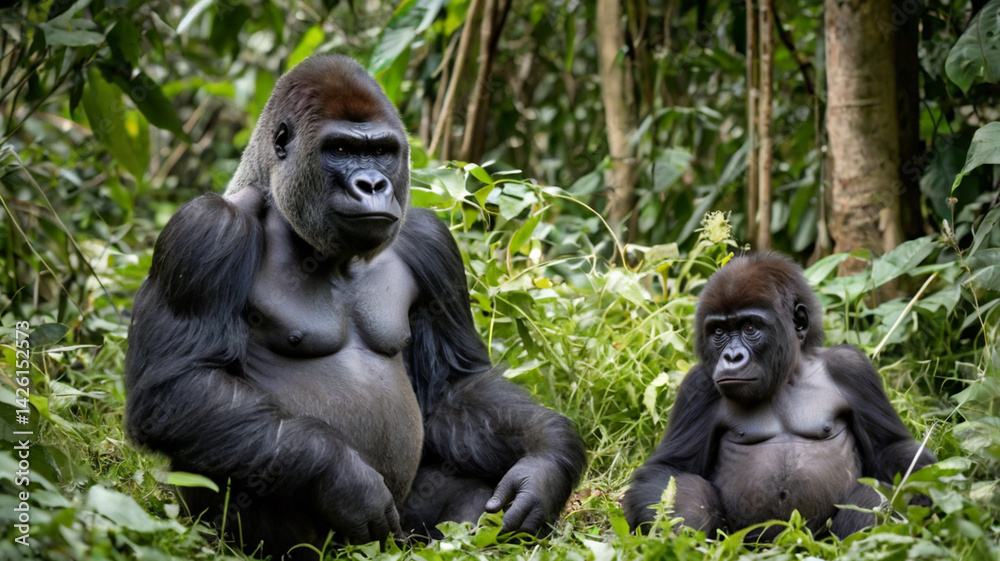 Obraz premium Silverback gorilla with baby resting peacefully in lush green jungle environment