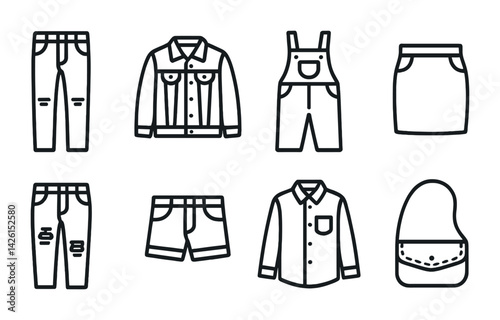 Clothing icons set: stylish outline fashion elements for design projects