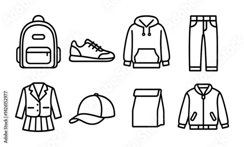 Outline clothing icon set: backpack, sneakers, hoodie, jeans, blazer, cap, lunch bag, jacket