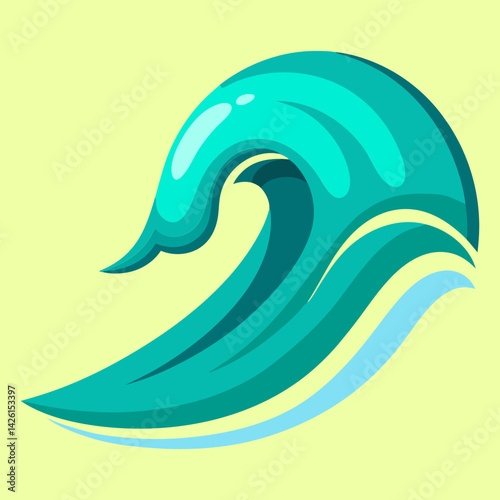 Stylized teal and turquoise wave illustration against a pale yellow background