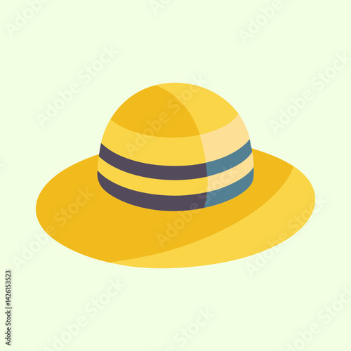 Stylized yellow sun hat with dark blue stripes in flat illustration