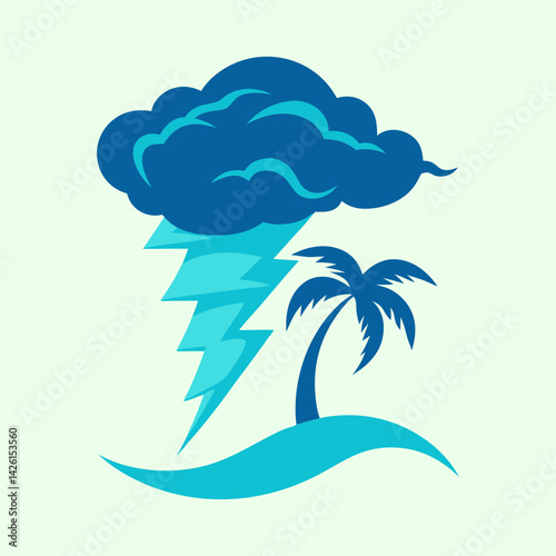 Tropical Storm Over Beach with Palm Tree and Lightning Bolts Illustration